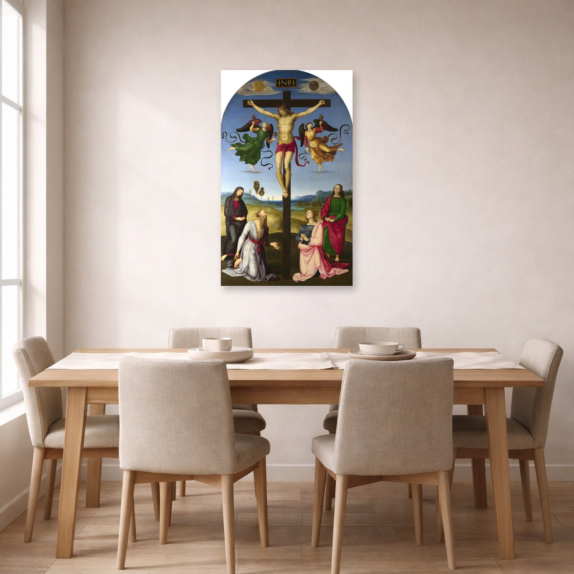 Unframed poster print of Raphael's Crucifixion with the Virgin, Saints and Angels displayed on a wall in a dining