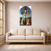 Unframed poster print of Raphael's Crucifixion with the Virgin, Saints and Angels displayed on a wall in a living room