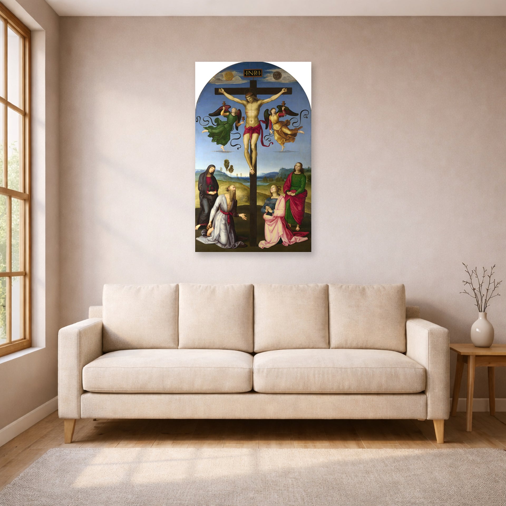 Unframed poster print of Raphael's Crucifixion with the Virgin, Saints and Angels displayed on a wall in a living room