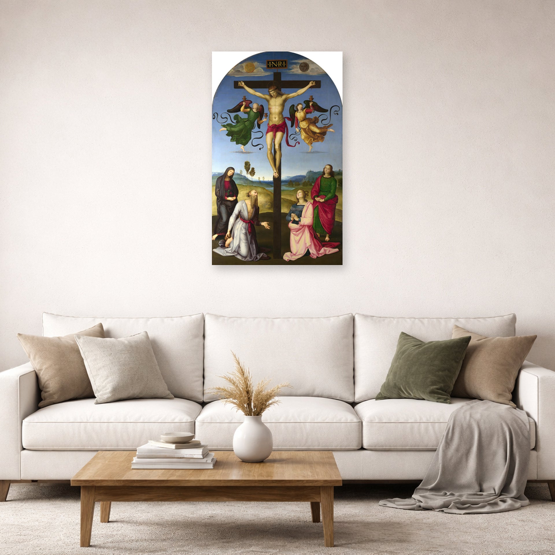 Unframed poster print of Raphael's Crucifixion with the Virgin, Saints and Angels displayed on a wall in a living room