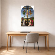 Unframed poster print of Raphael's Crucifixion with the Virgin, Saints and Angels displayed on a wall in a office