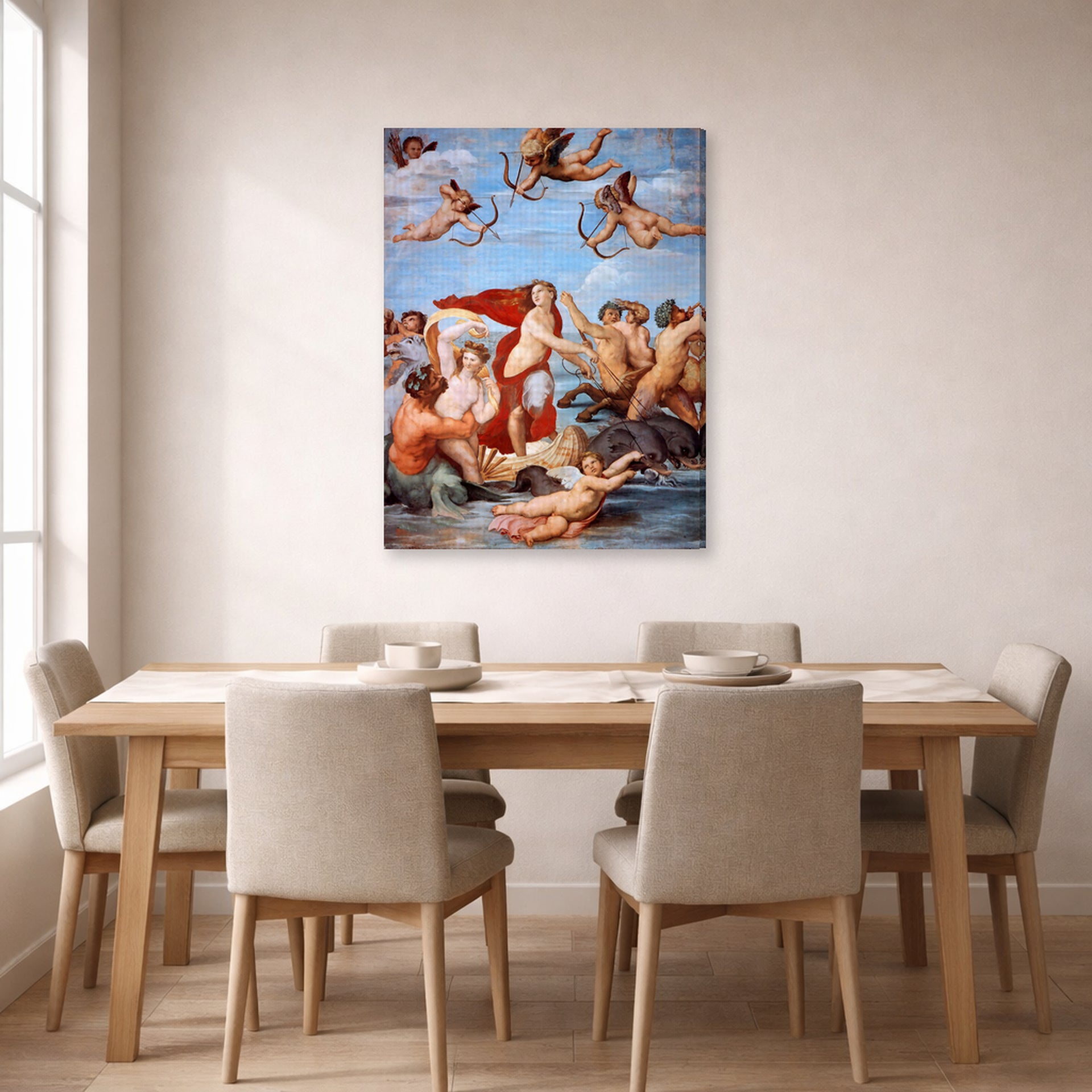 Gallery-wrapped canvas print of Raphael's Galatea displayed on a wall in a dining