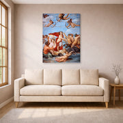 Gallery-wrapped canvas print of Raphael's Galatea displayed on a wall in a living room
