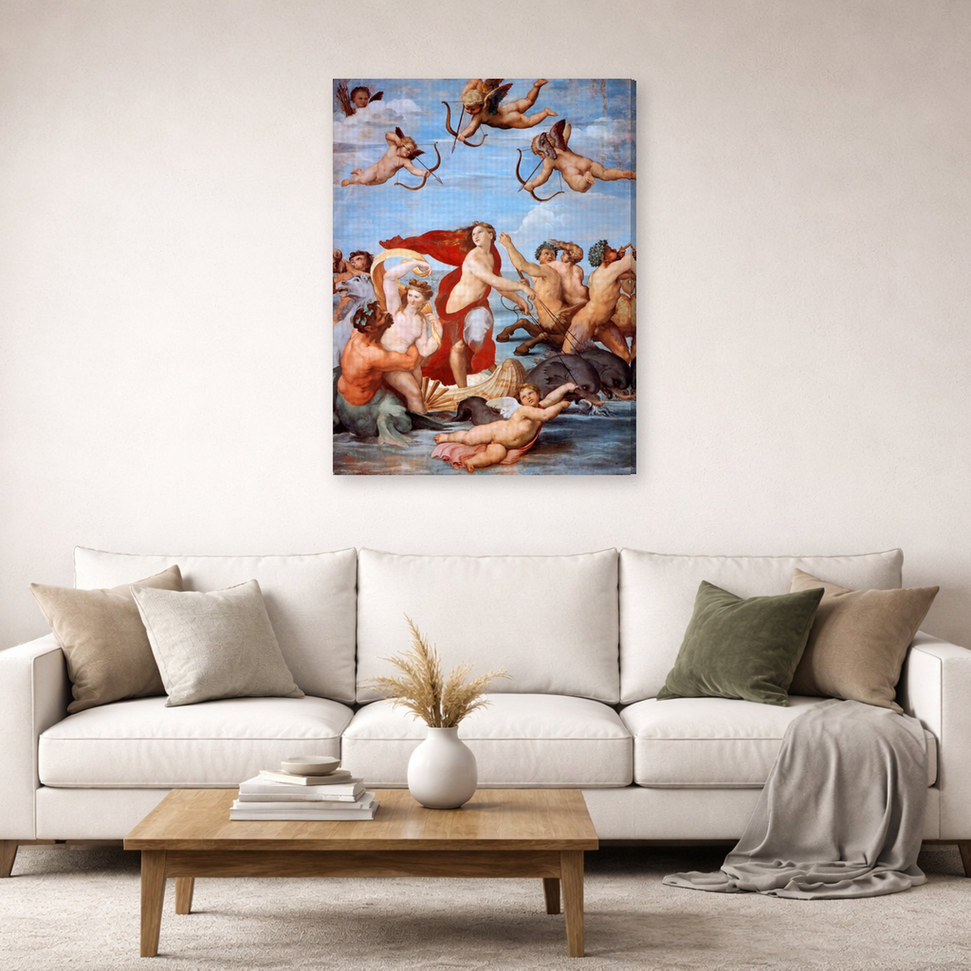 Gallery-wrapped canvas print of Raphael's Galatea displayed on a wall in a living room