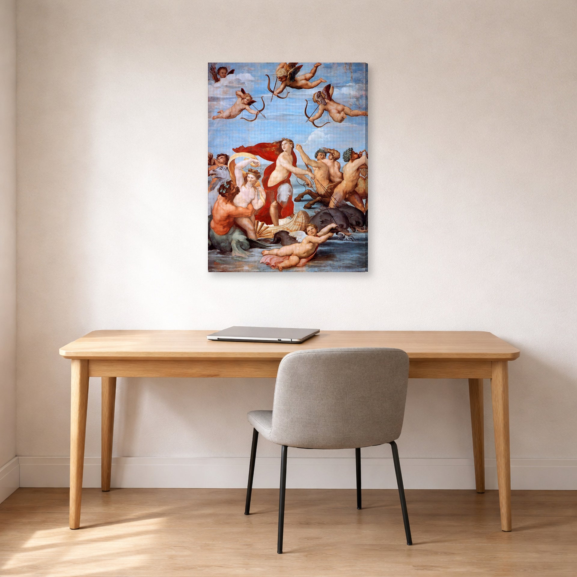 Gallery-wrapped canvas print of Raphael's Galatea displayed on a wall in a office