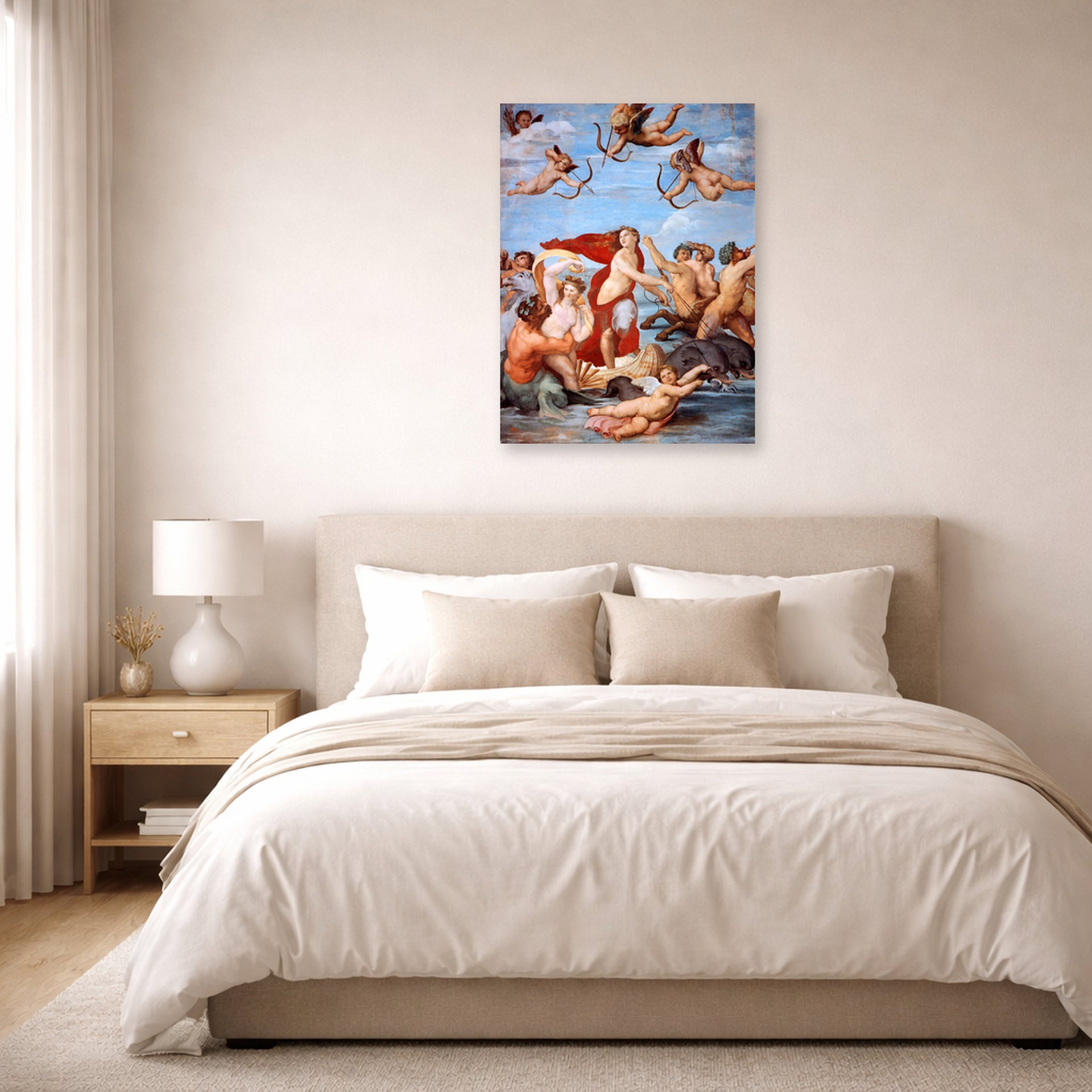 Unframed poster print of Raphael's Galatea displayed on a wall in a bedroom