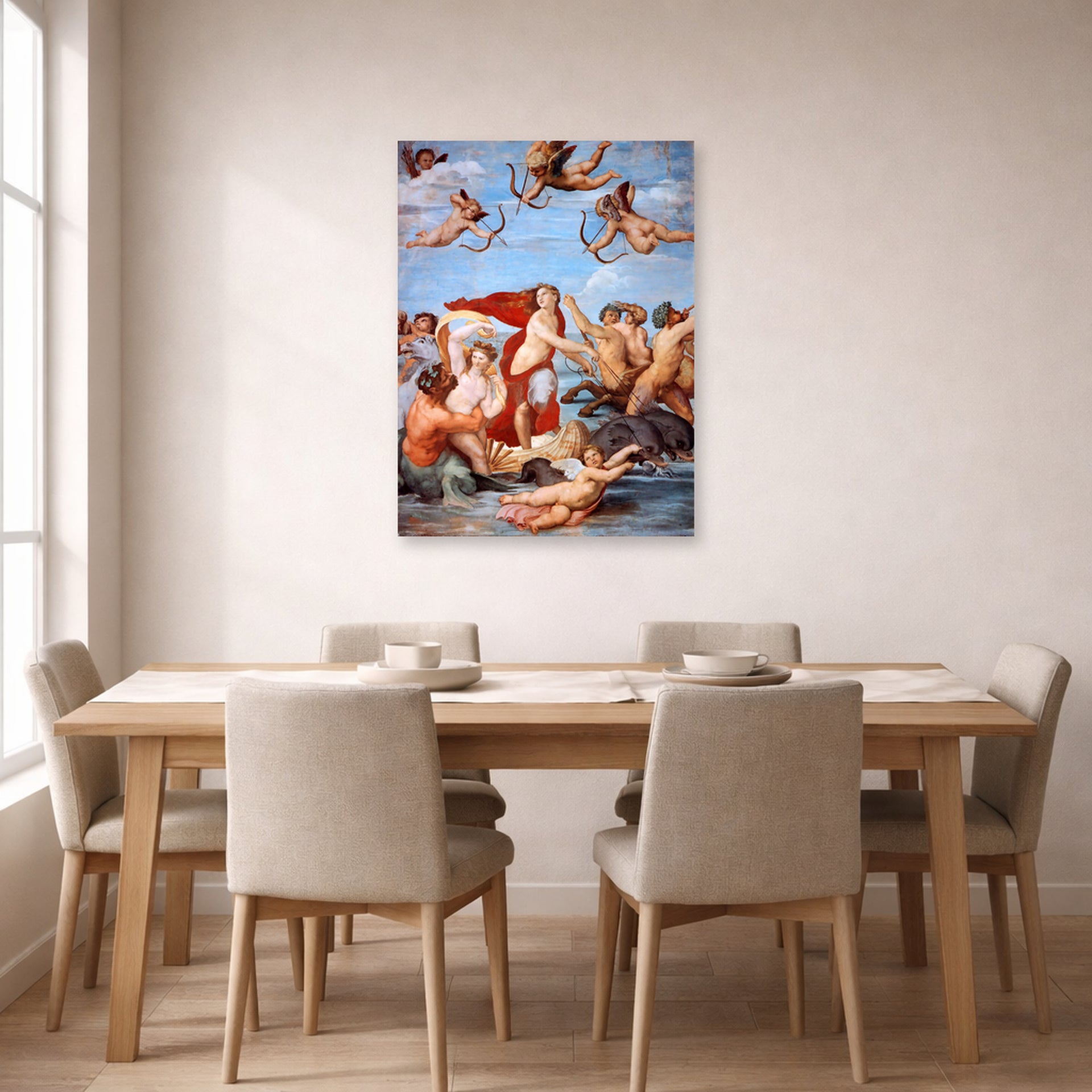 Unframed poster print of Raphael's Galatea displayed on a wall in a dining