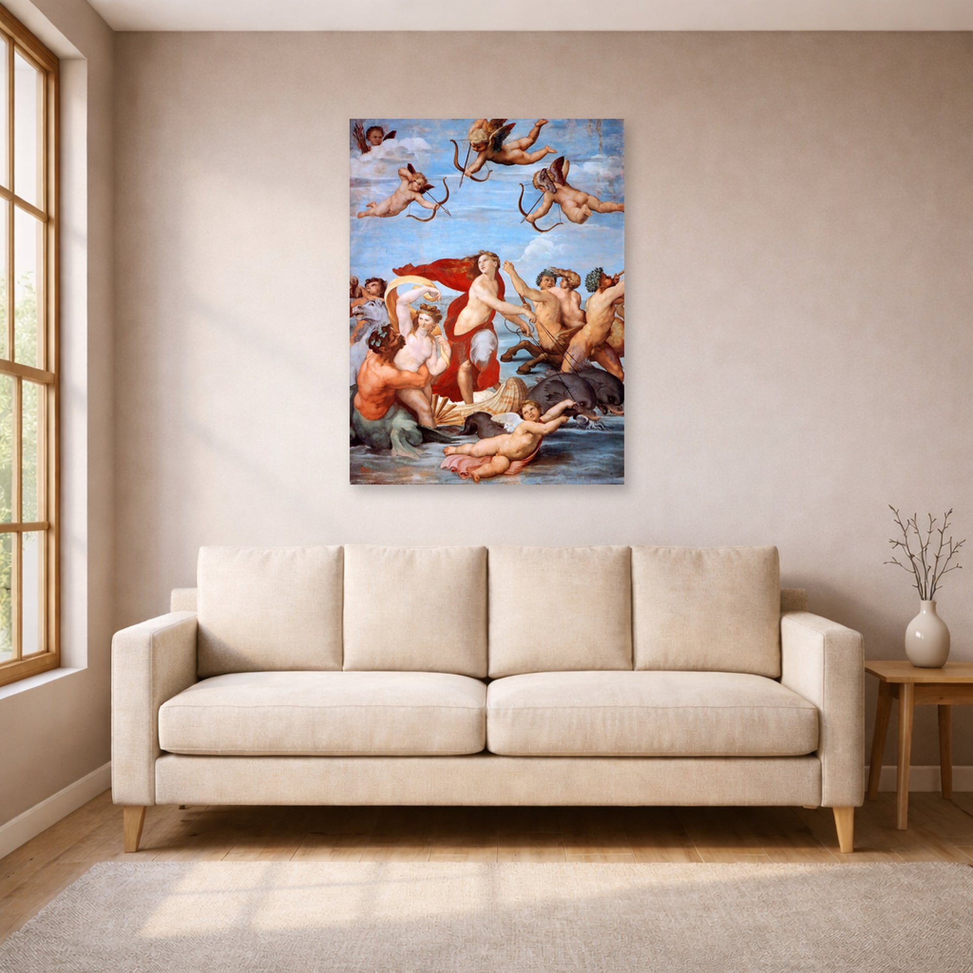 Unframed poster print of Raphael's Galatea displayed on a wall in a living room