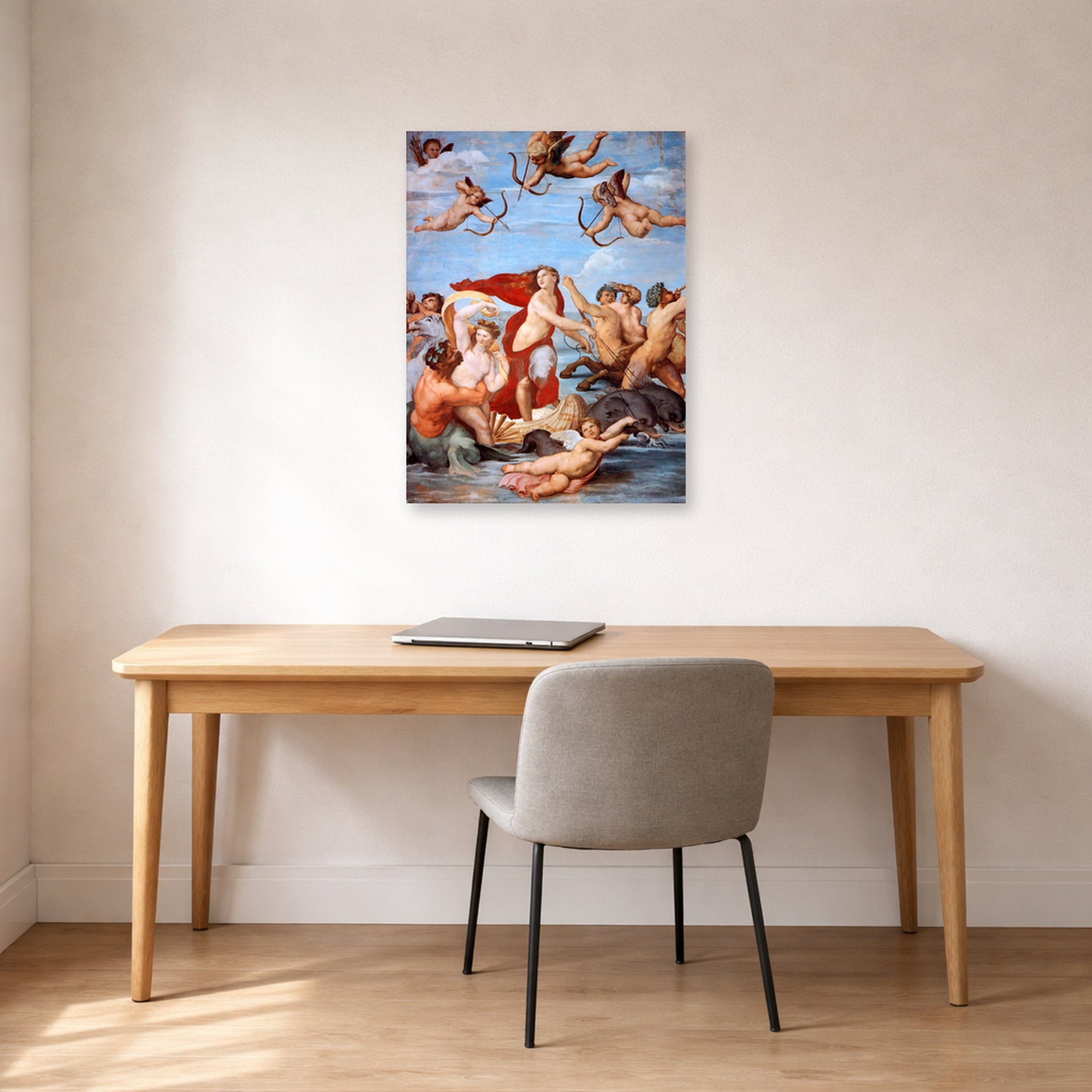 Unframed poster print of Raphael's Galatea displayed on a wall in a office