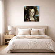 Gallery-wrapped canvas print of Raphael's Ginevra De Benci displayed on a wall in a bedroom