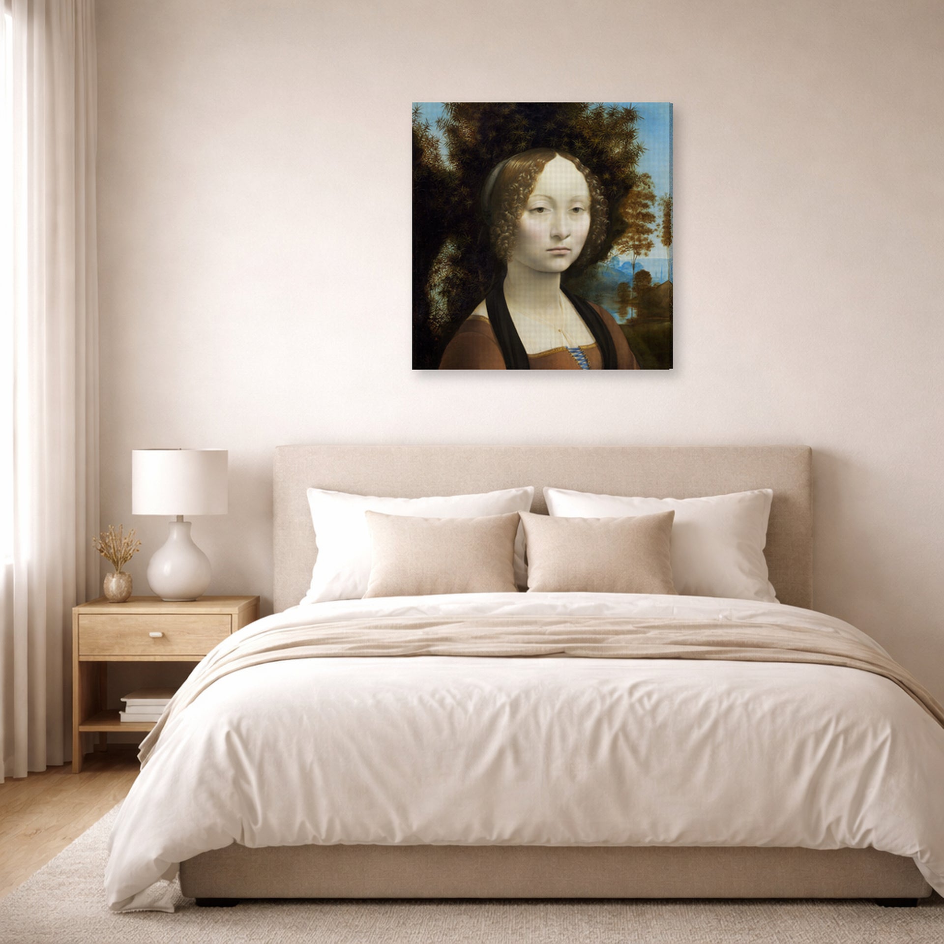 Gallery-wrapped canvas print of Raphael's Ginevra De Benci displayed on a wall in a bedroom