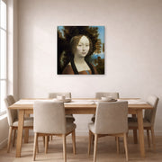 Gallery-wrapped canvas print of Raphael's Ginevra De Benci displayed on a wall in a dining
