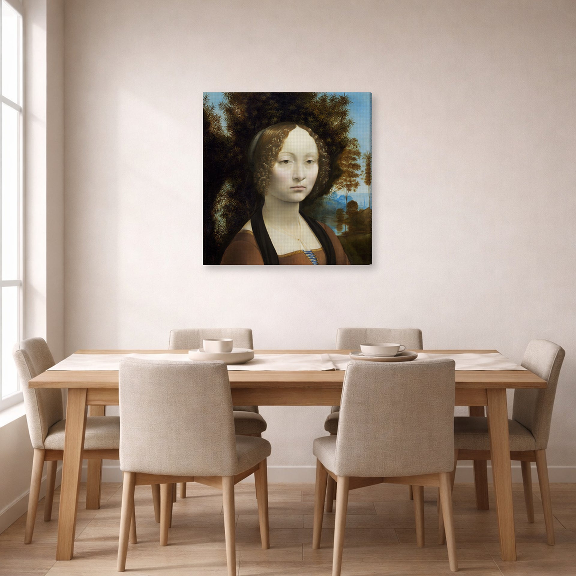 Gallery-wrapped canvas print of Raphael's Ginevra De Benci displayed on a wall in a dining
