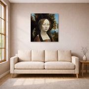 Gallery-wrapped canvas print of Raphael's Ginevra De Benci displayed on a wall in a living room