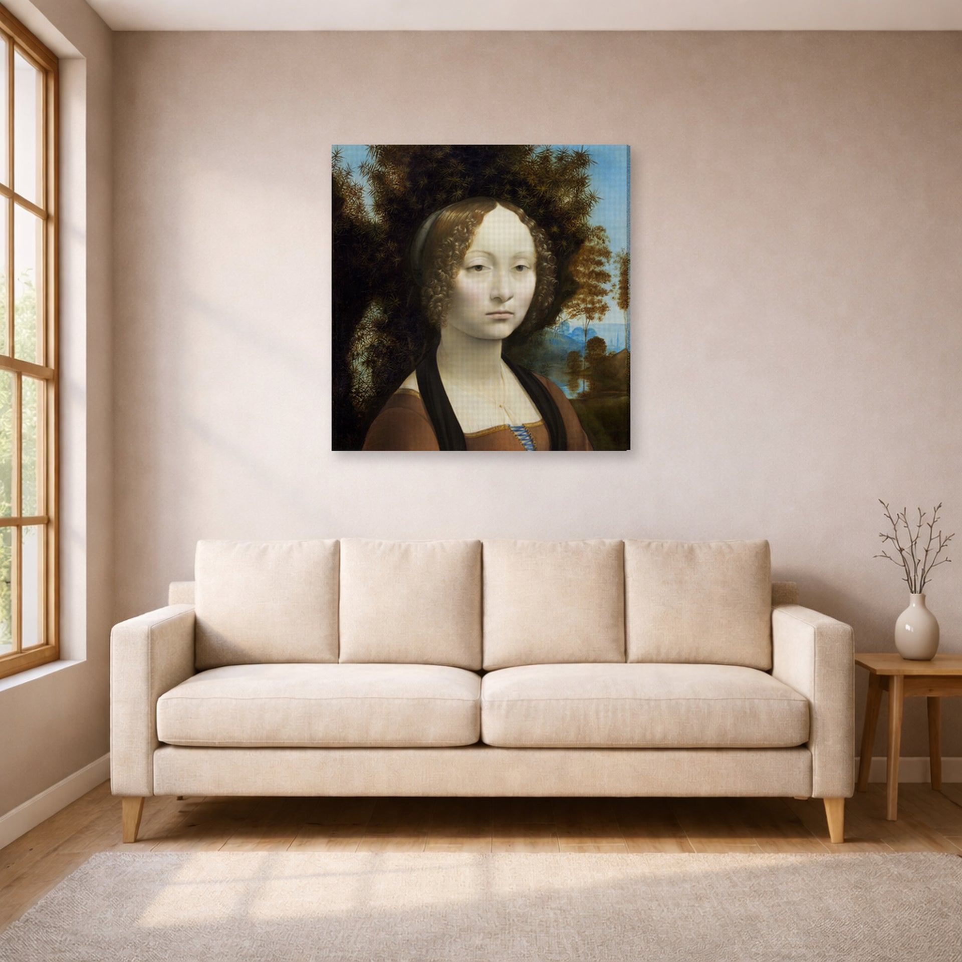 Gallery-wrapped canvas print of Raphael's Ginevra De Benci displayed on a wall in a living room