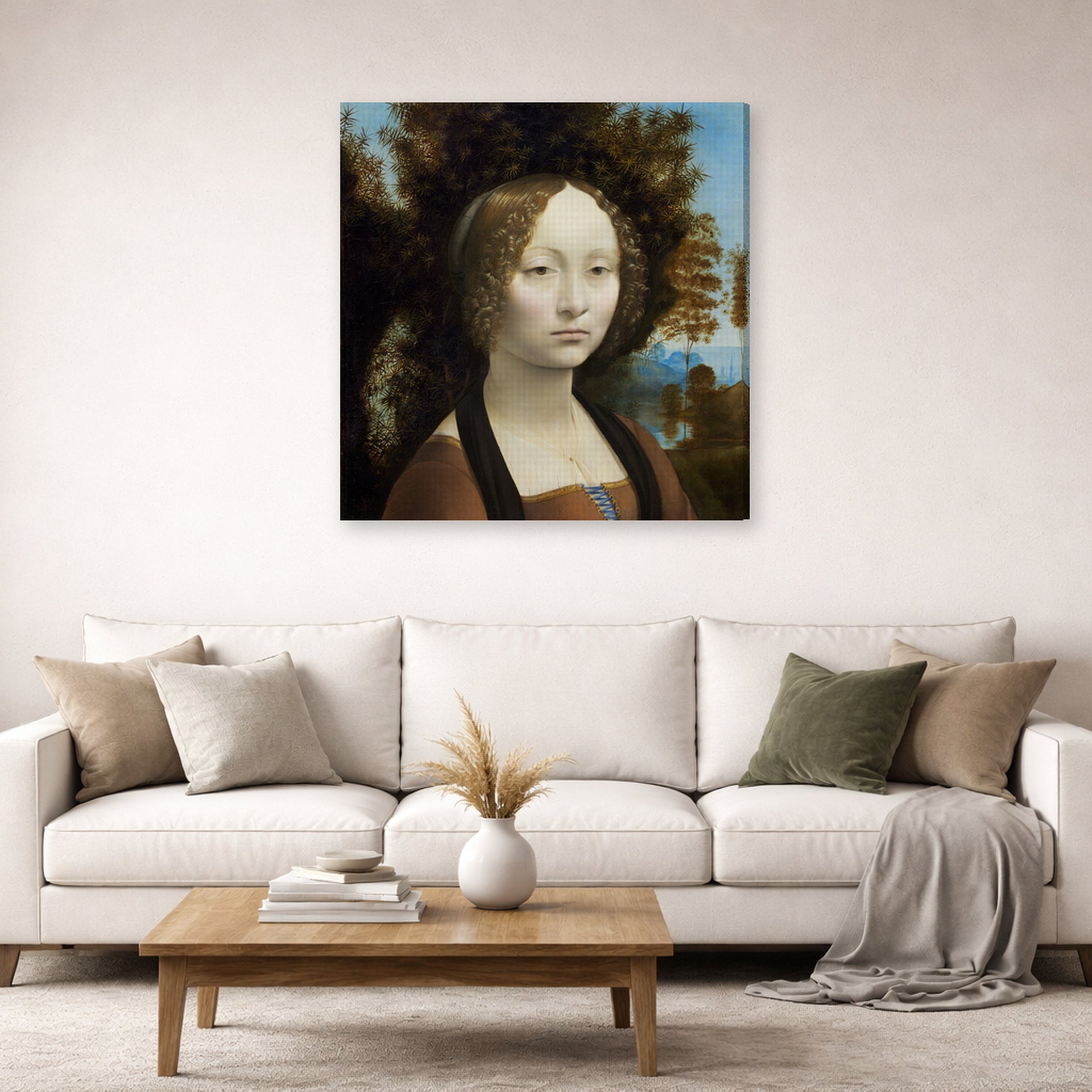 Gallery-wrapped canvas print of Raphael's Ginevra De Benci displayed on a wall in a living room