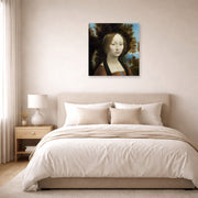 Unframed poster print of Raphael's Ginevra De Benci displayed on a wall in a bedroom
