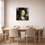 Unframed poster print of Raphael's Ginevra De Benci displayed on a wall in a dining