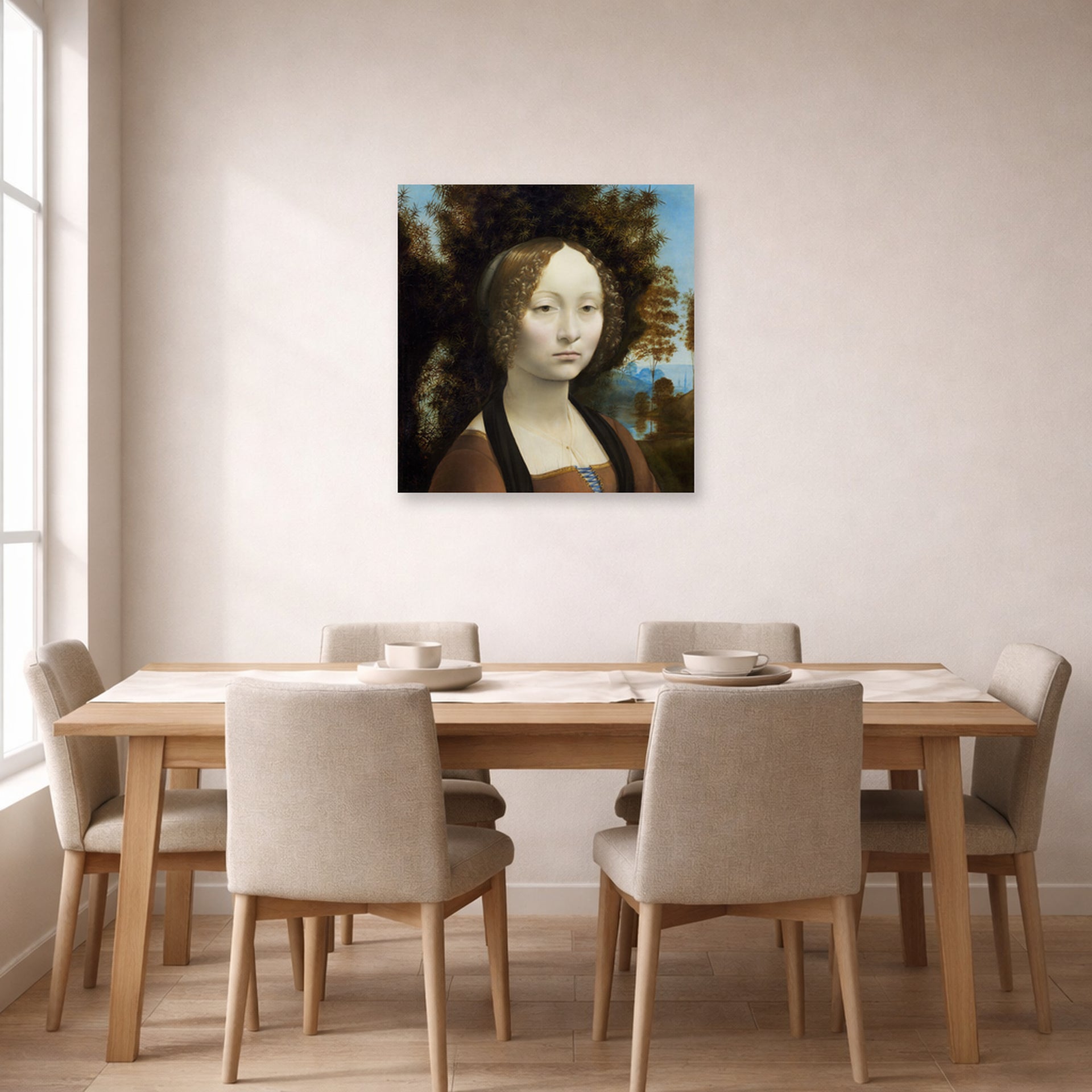 Unframed poster print of Raphael's Ginevra De Benci displayed on a wall in a dining