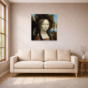 Unframed poster print of Raphael's Ginevra De Benci displayed on a wall in a living room