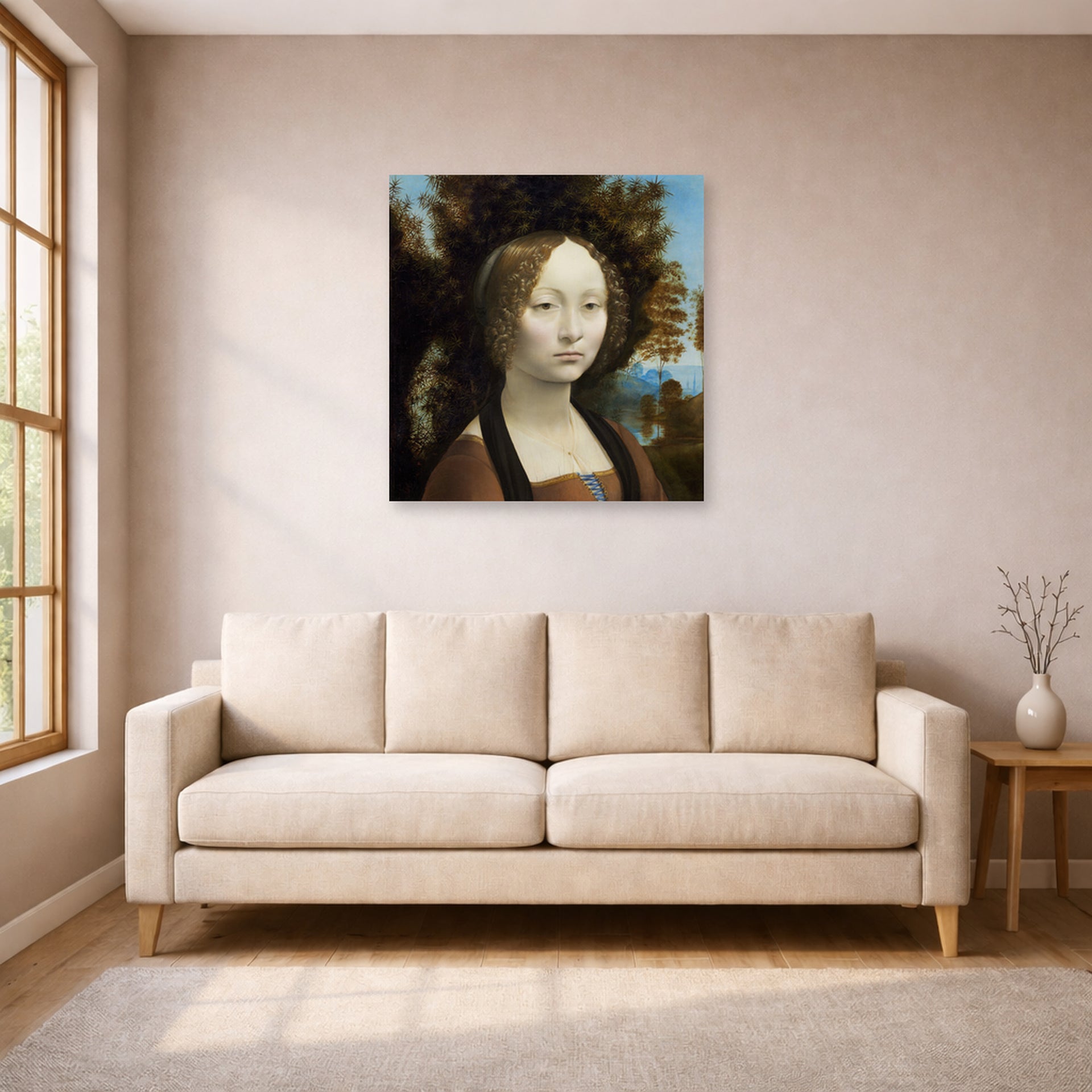 Unframed poster print of Raphael's Ginevra De Benci displayed on a wall in a living room