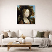 Unframed poster print of Raphael's Ginevra De Benci displayed on a wall in a living room