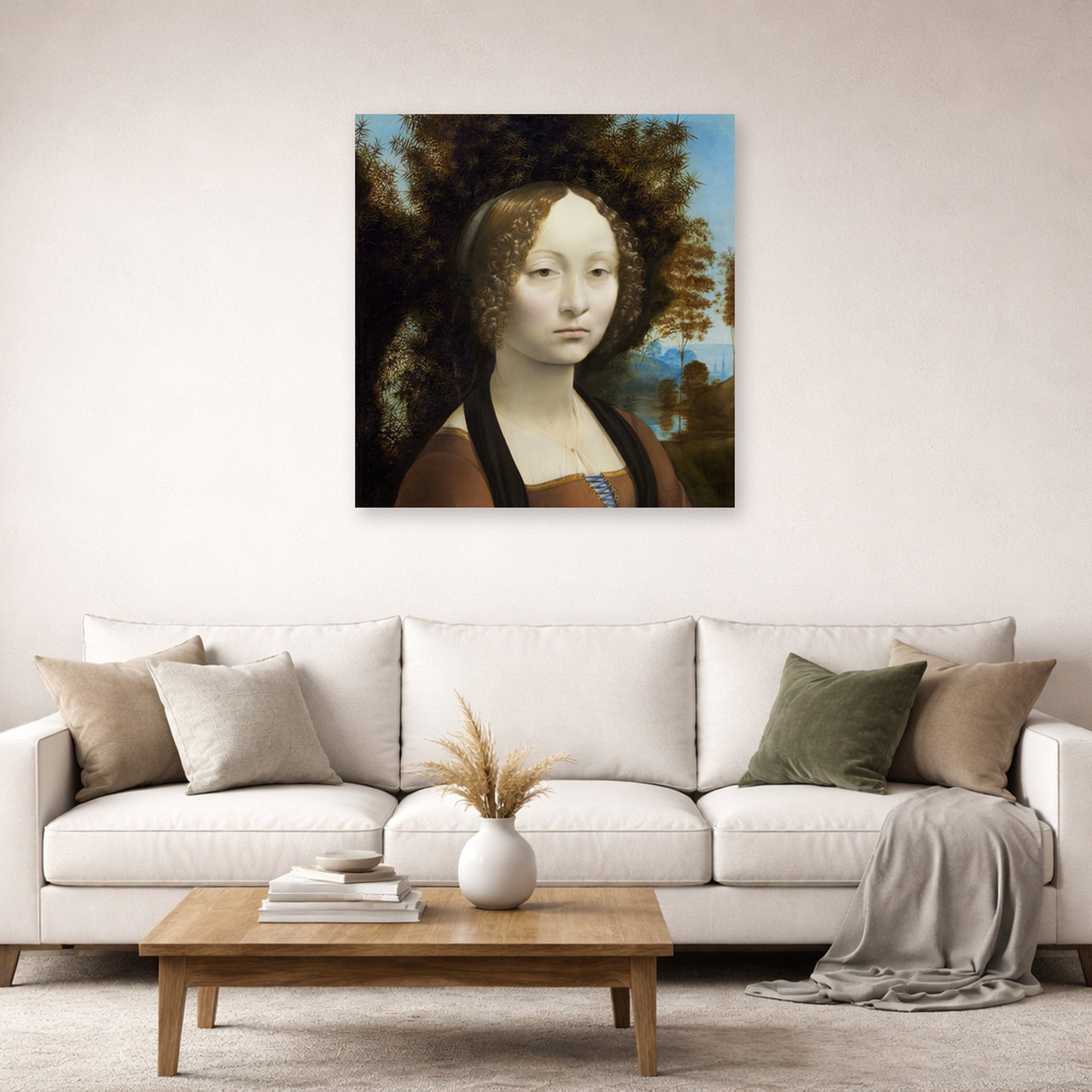 Unframed poster print of Raphael's Ginevra De Benci displayed on a wall in a living room
