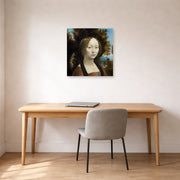 Unframed poster print of Raphael's Ginevra De Benci displayed on a wall in a office