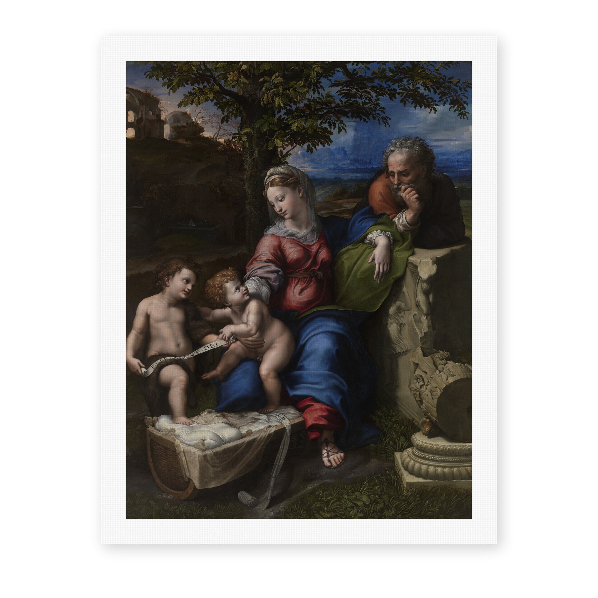 Raphael's 'Holy Family below the Oak' painting reproduced as a rolled canvas print