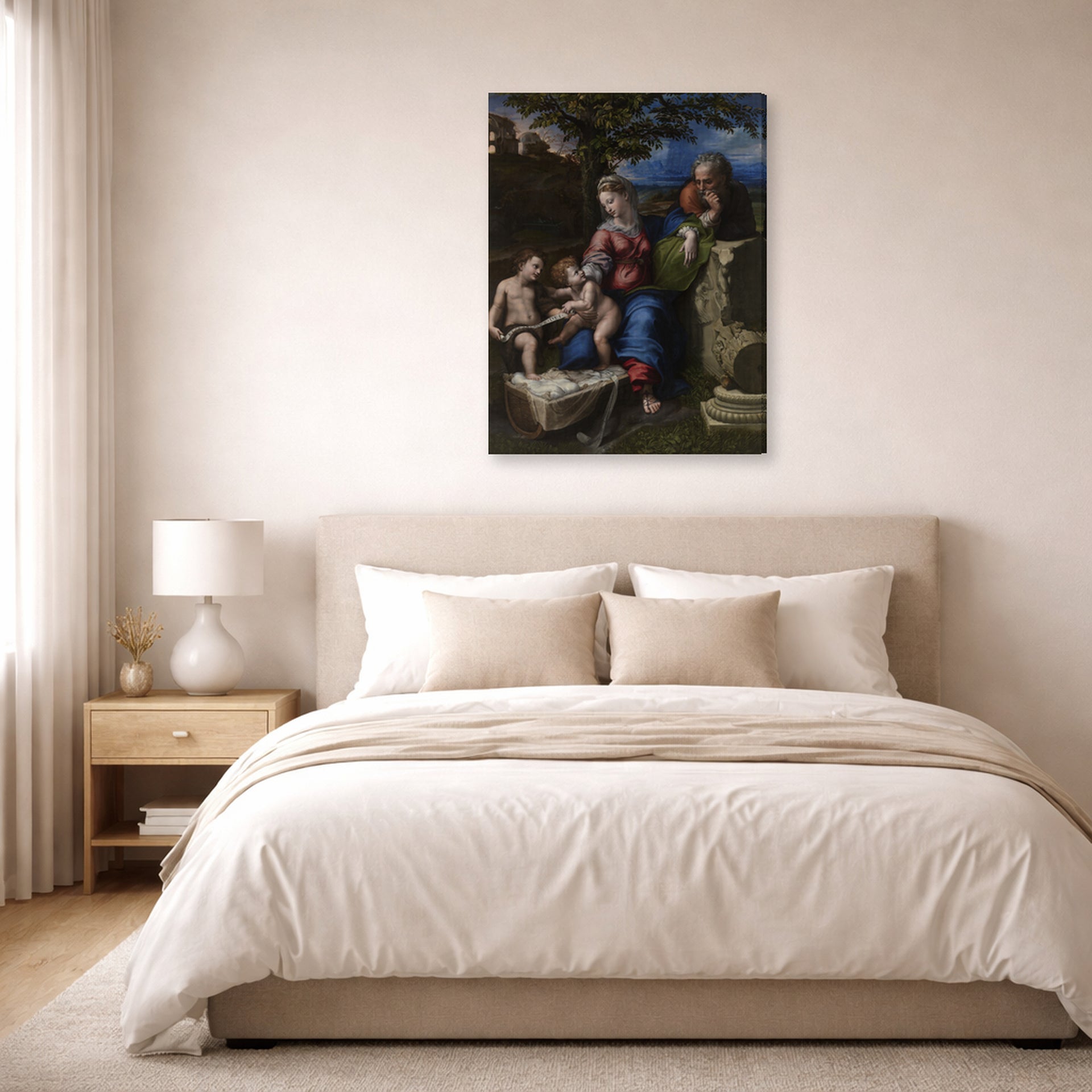 Gallery-wrapped canvas print of Raphael's Holy Family below the Oak displayed on a wall in a bedroom
