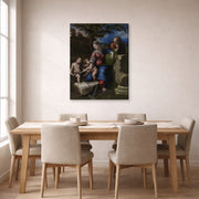 Gallery-wrapped canvas print of Raphael's Holy Family below the Oak displayed on a wall in a dining