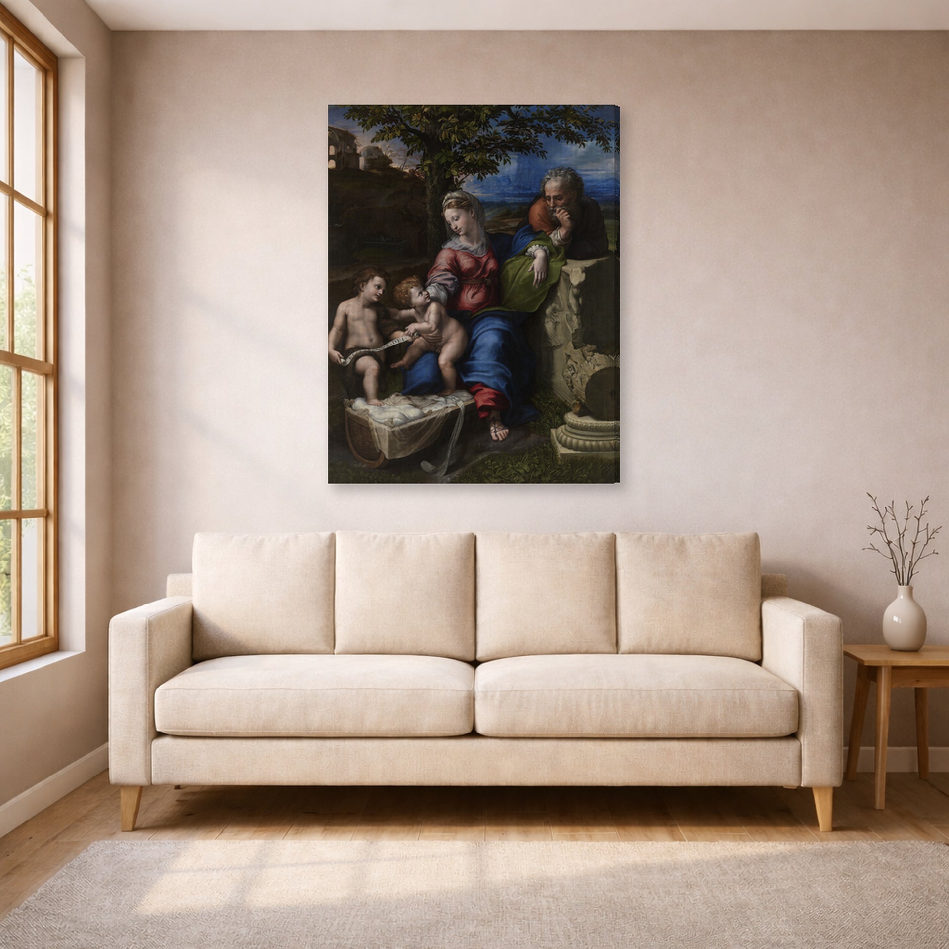 Gallery-wrapped canvas print of Raphael's Holy Family below the Oak displayed on a wall in a living room