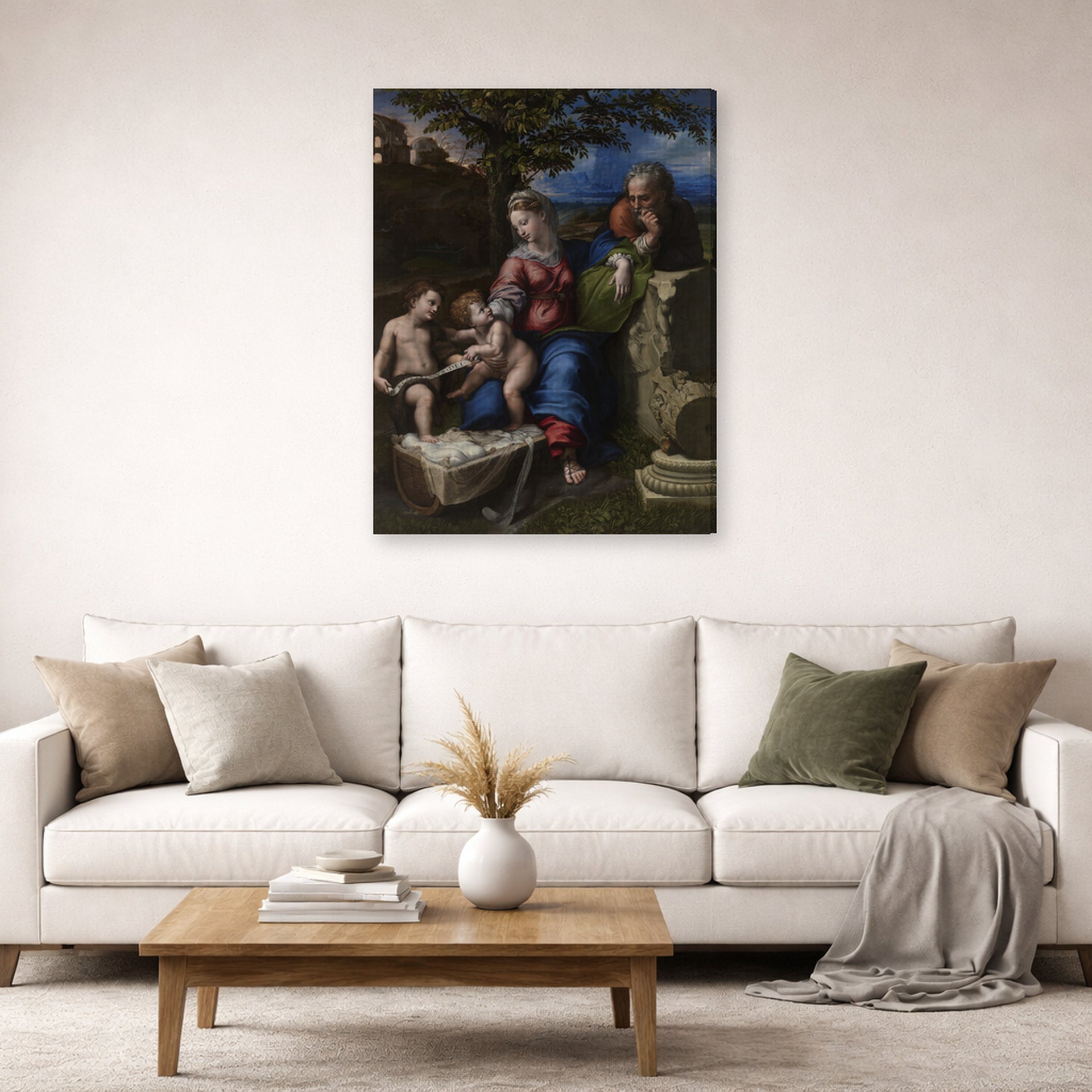 Gallery-wrapped canvas print of Raphael's Holy Family below the Oak displayed on a wall in a living room