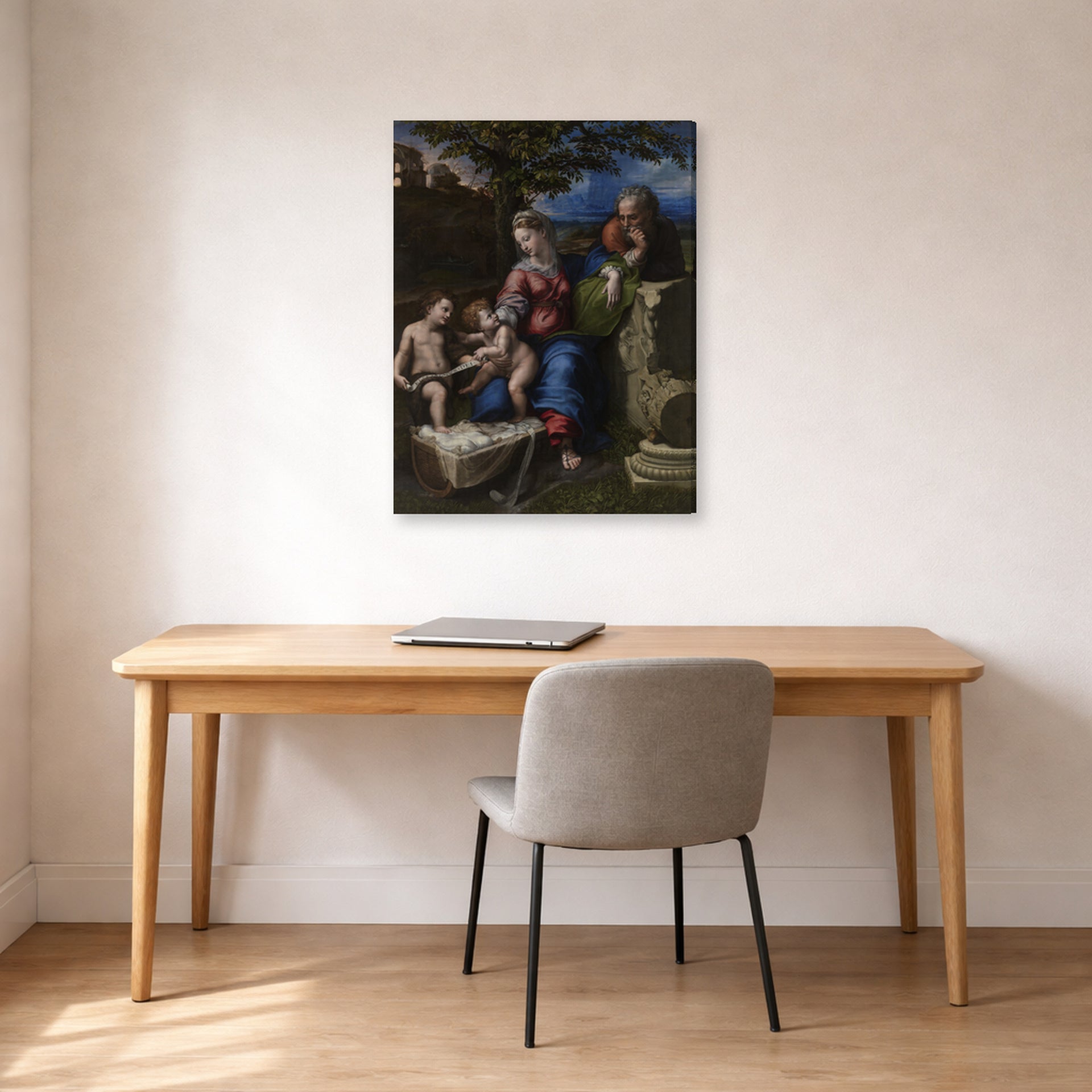 Gallery-wrapped canvas print of Raphael's Holy Family below the Oak displayed on a wall in a office