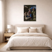 Unframed poster print of Raphael's Holy Family below the Oak displayed on a wall in a bedroom