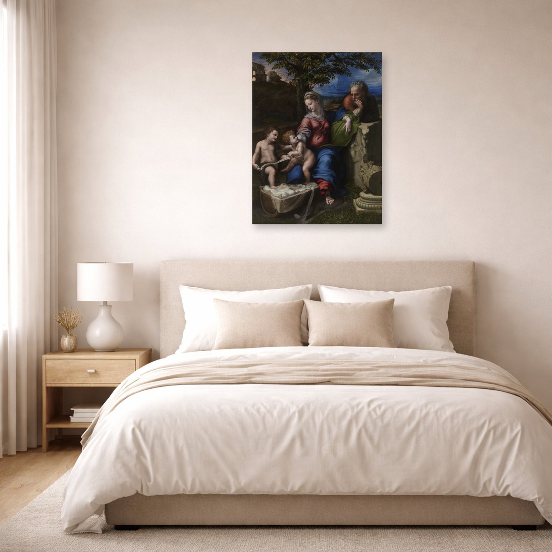 Unframed poster print of Raphael's Holy Family below the Oak displayed on a wall in a bedroom