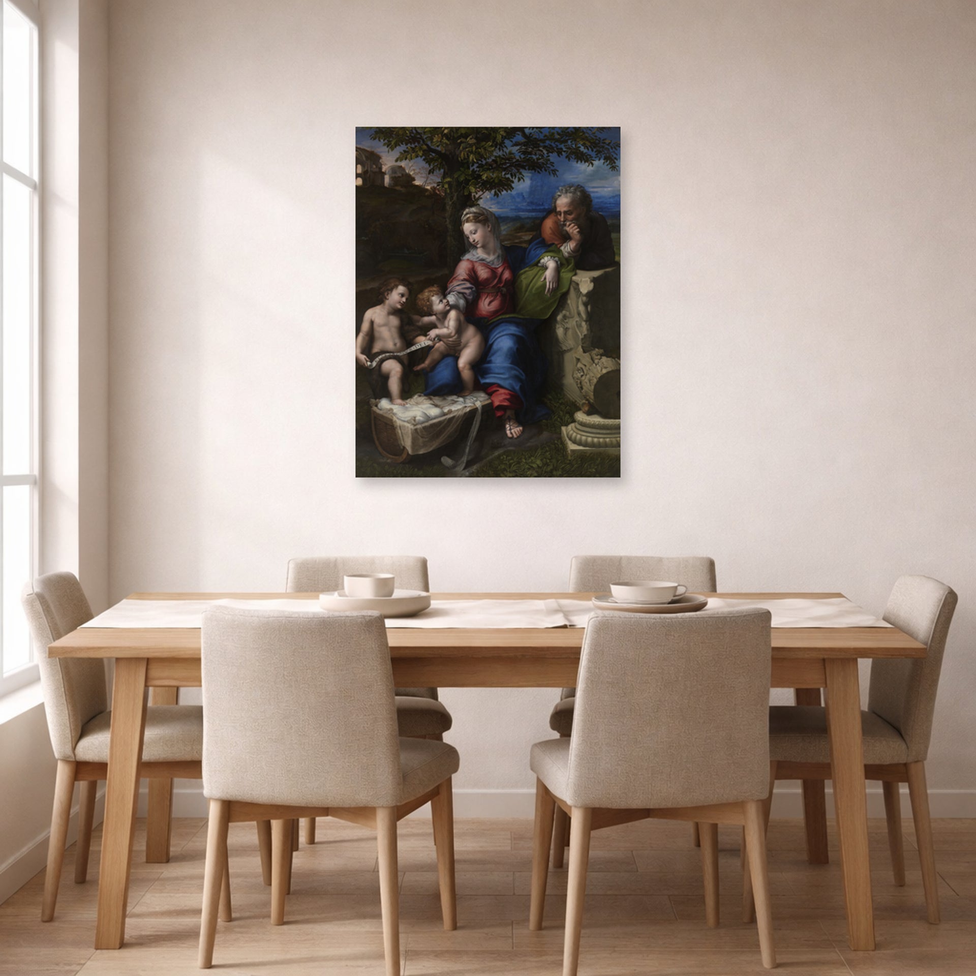 Unframed poster print of Raphael's Holy Family below the Oak displayed on a wall in a dining
