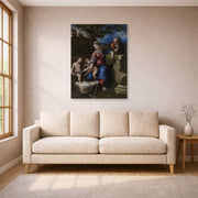 Unframed poster print of Raphael's Holy Family below the Oak displayed on a wall in a living room