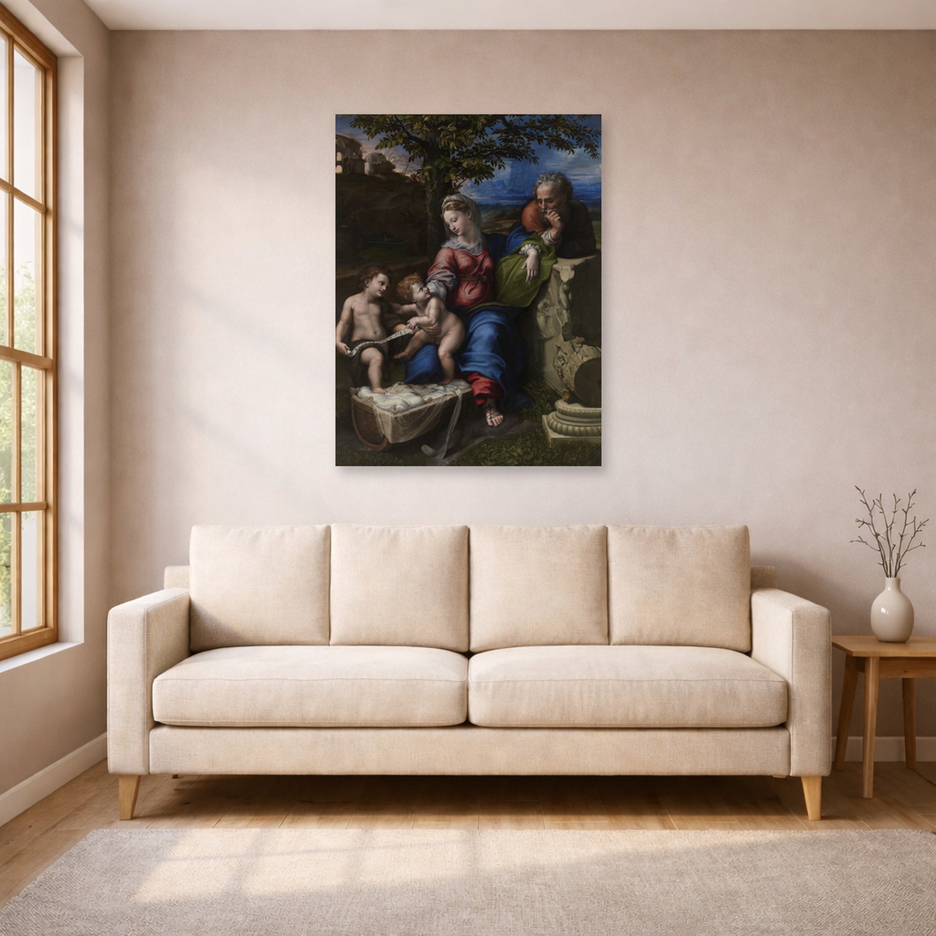 Unframed poster print of Raphael's Holy Family below the Oak displayed on a wall in a living room