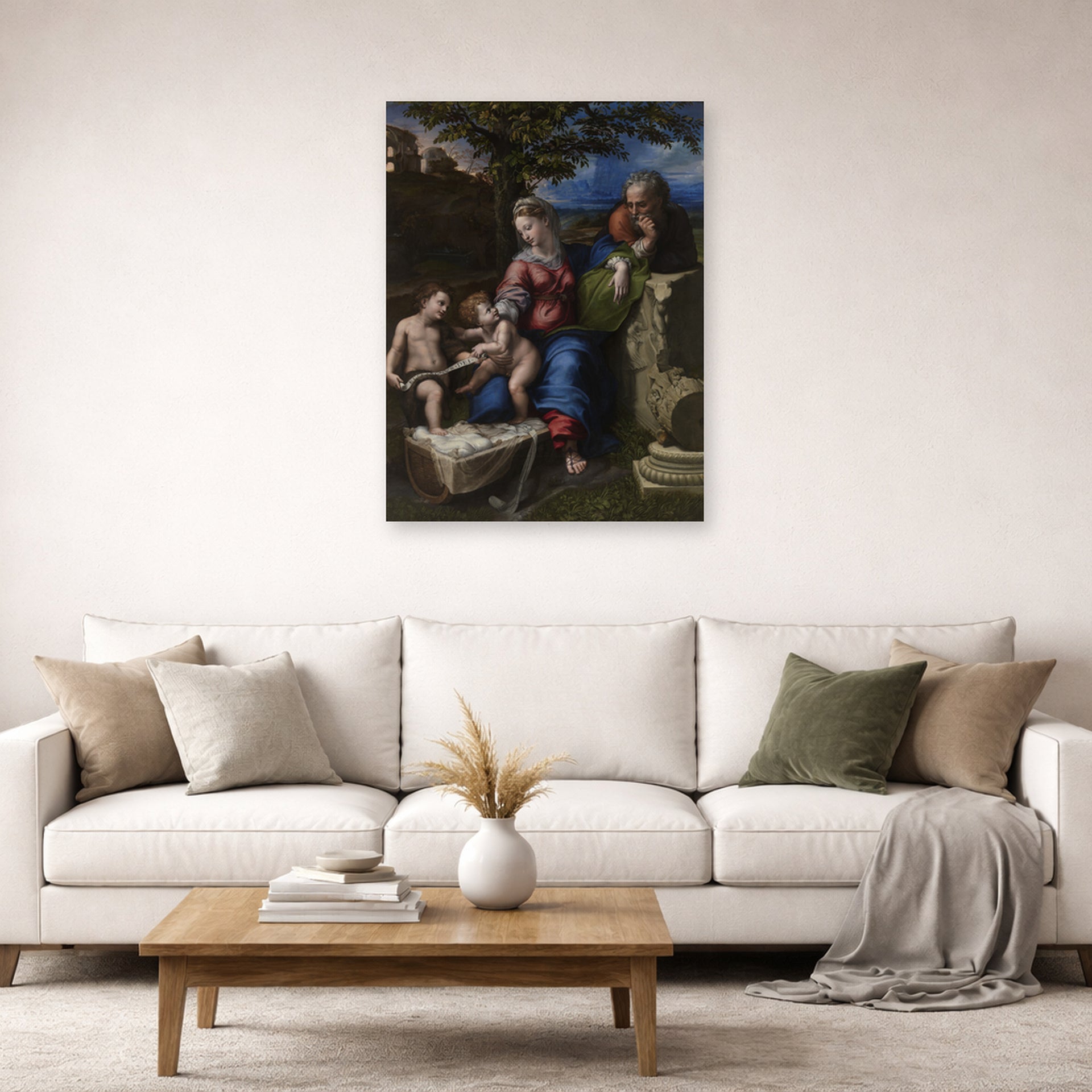 Unframed poster print of Raphael's Holy Family below the Oak displayed on a wall in a living room