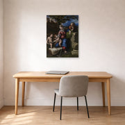 Unframed poster print of Raphael's Holy Family below the Oak displayed on a wall in a office