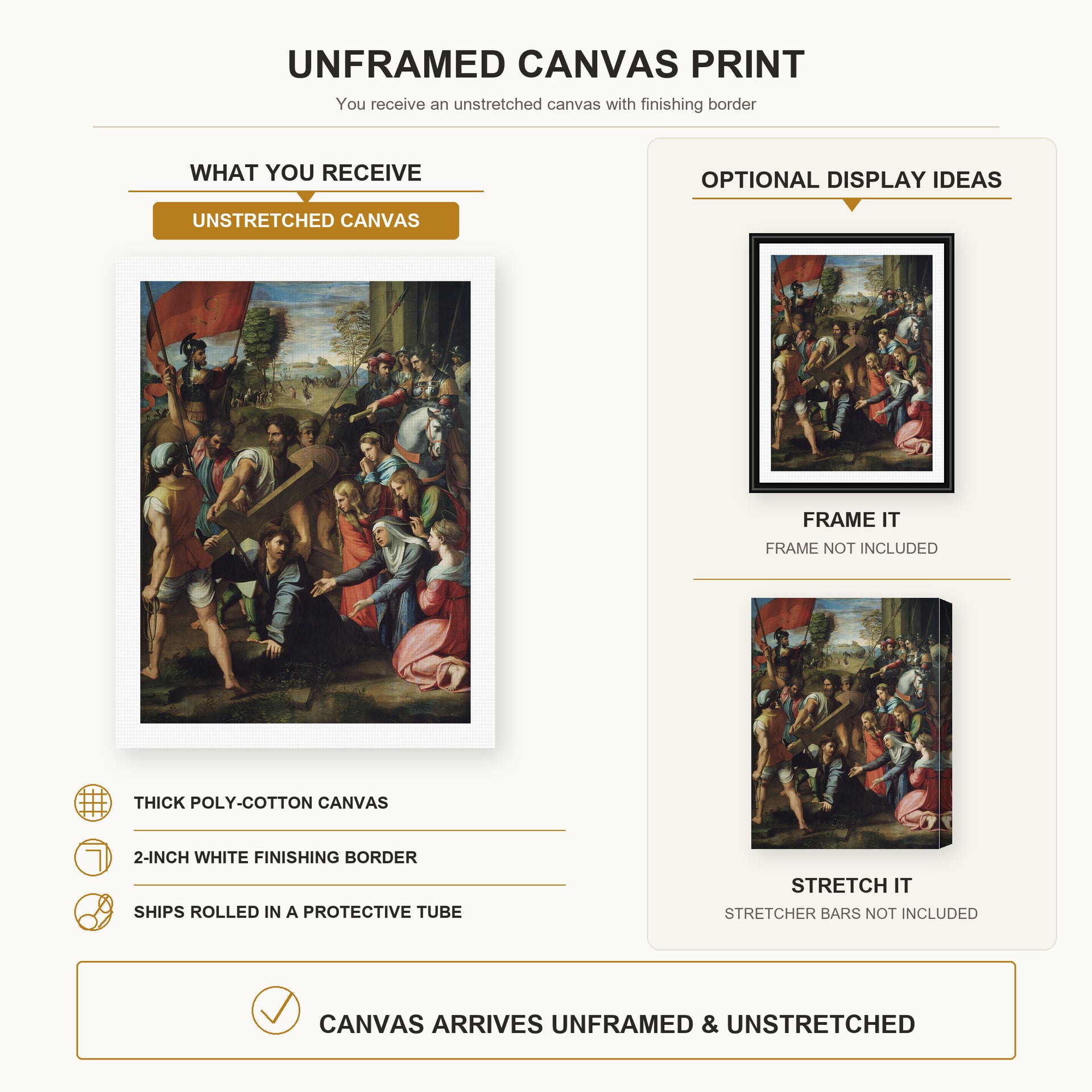 Raphael - Jesus Carrying His Cross canvas print size comparison and framing display infographic