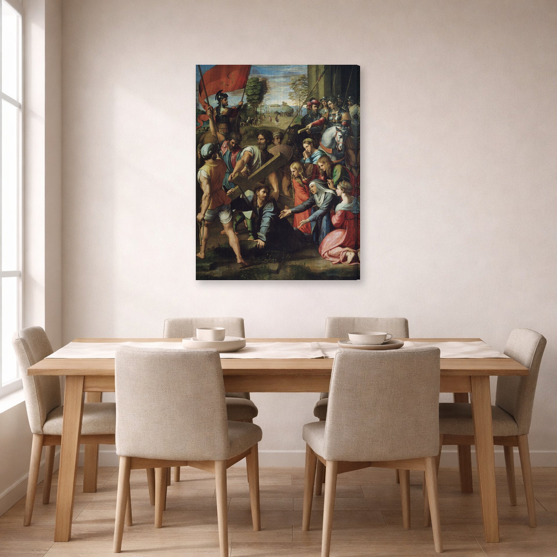 Gallery-wrapped canvas print of Raphael's Jesus Carrying His Cross displayed on a wall in a dining