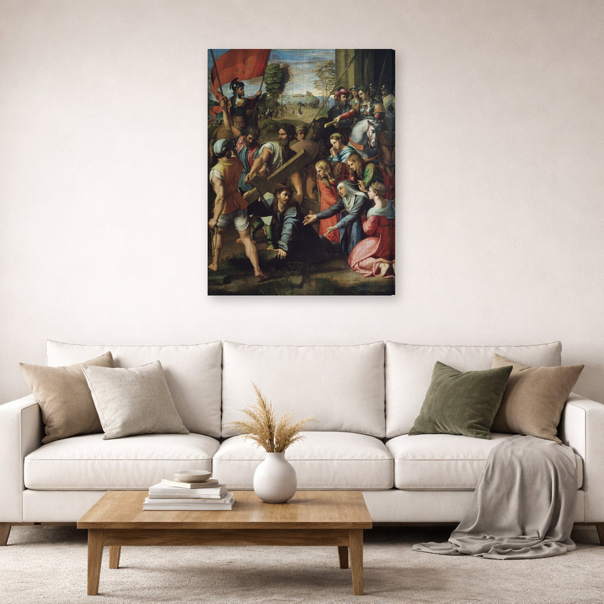 Gallery-wrapped canvas print of Raphael's Jesus Carrying His Cross displayed on a wall in a living room