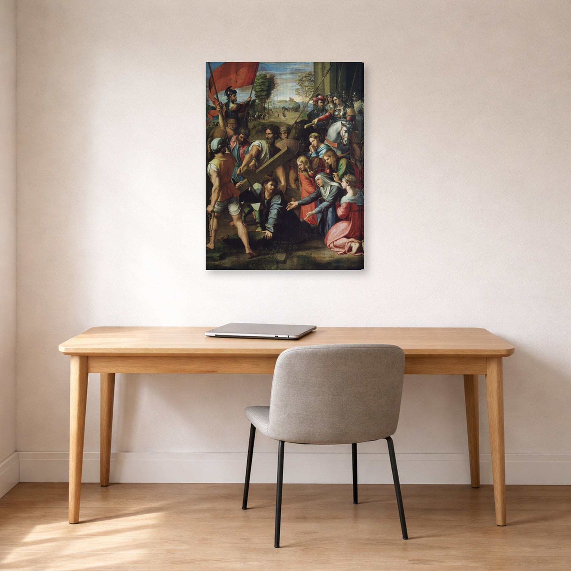 Gallery-wrapped canvas print of Raphael's Jesus Carrying His Cross displayed on a wall in a office
