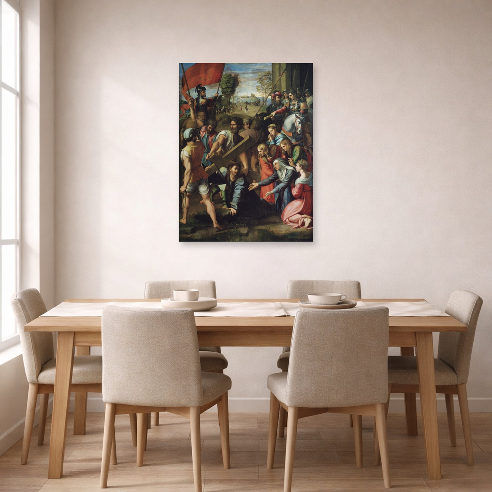 Unframed poster print of Raphael's Jesus Carrying His Cross displayed on a wall in a dining