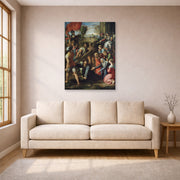 Unframed poster print of Raphael's Jesus Carrying His Cross displayed on a wall in a living room