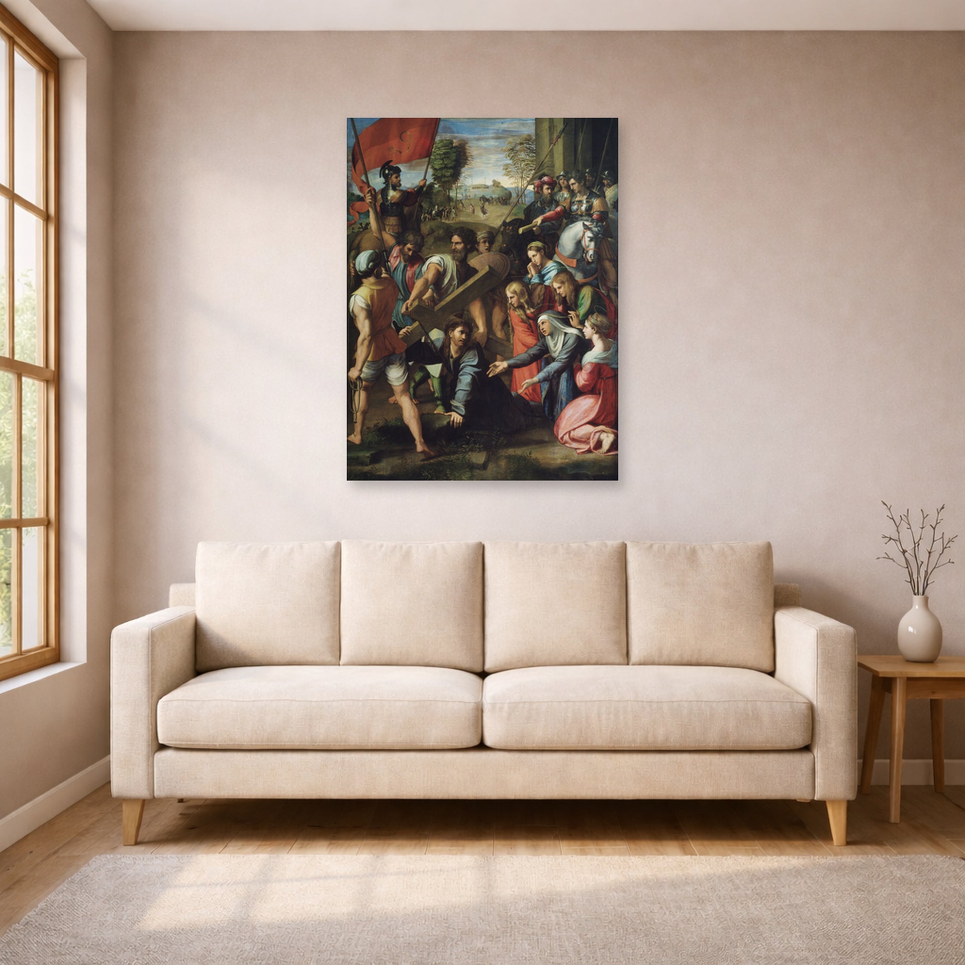 Unframed poster print of Raphael's Jesus Carrying His Cross displayed on a wall in a living room