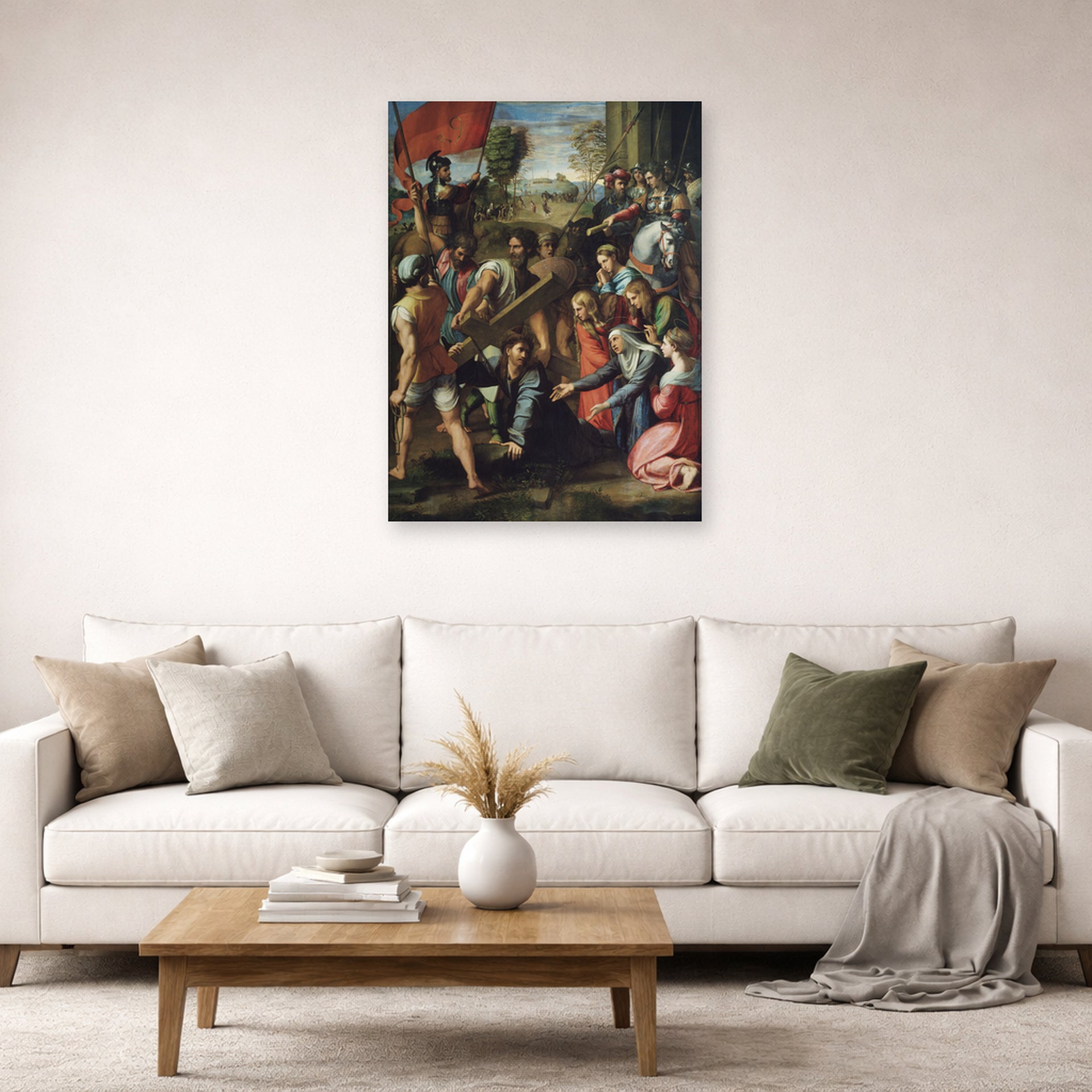 Unframed poster print of Raphael's Jesus Carrying His Cross displayed on a wall in a living room