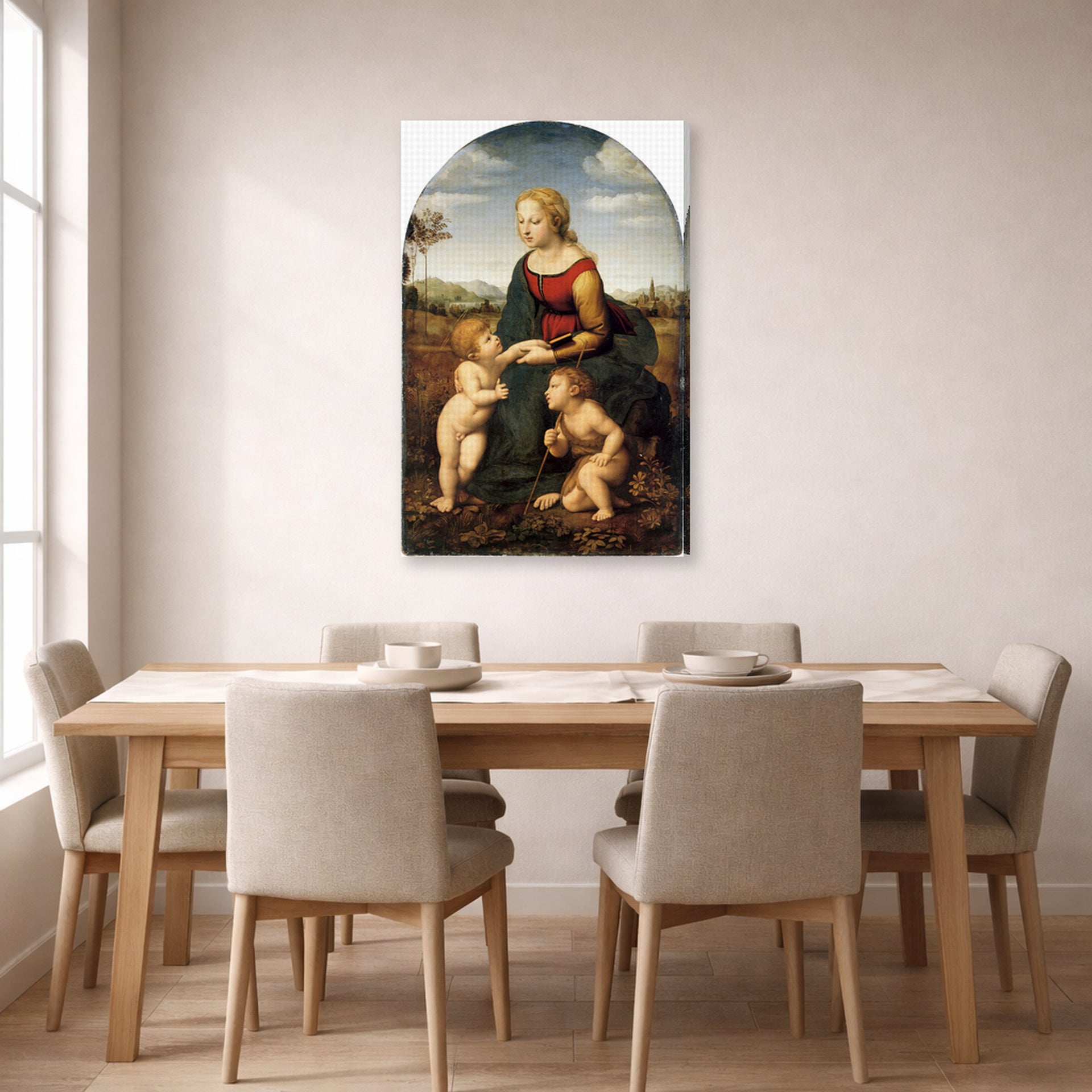 Gallery-wrapped canvas print of Raphael's La belle jardinière displayed on a wall in a dining